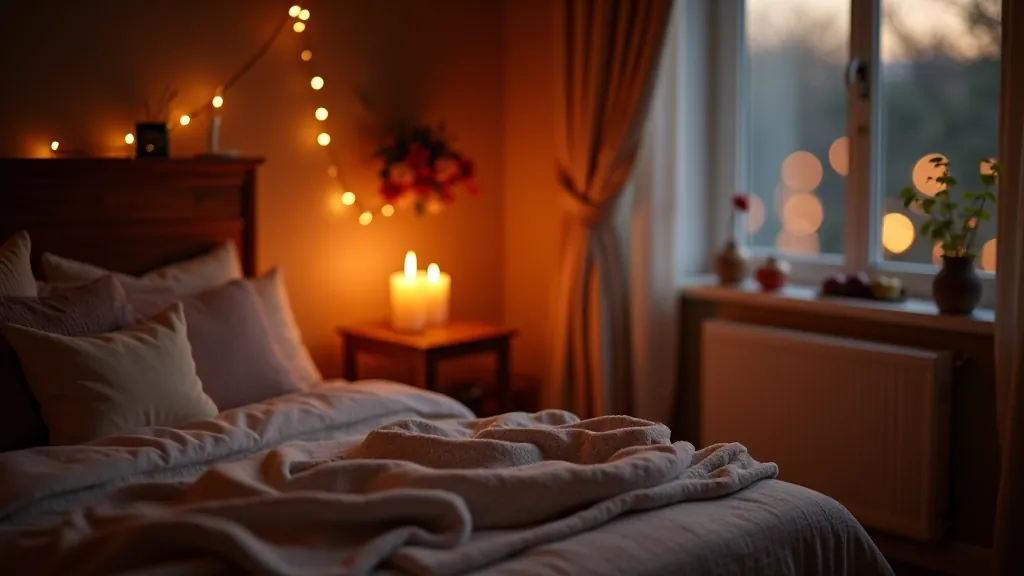 Seasonal candlelight display showing autumn and winter themed candles in a bedroom corner