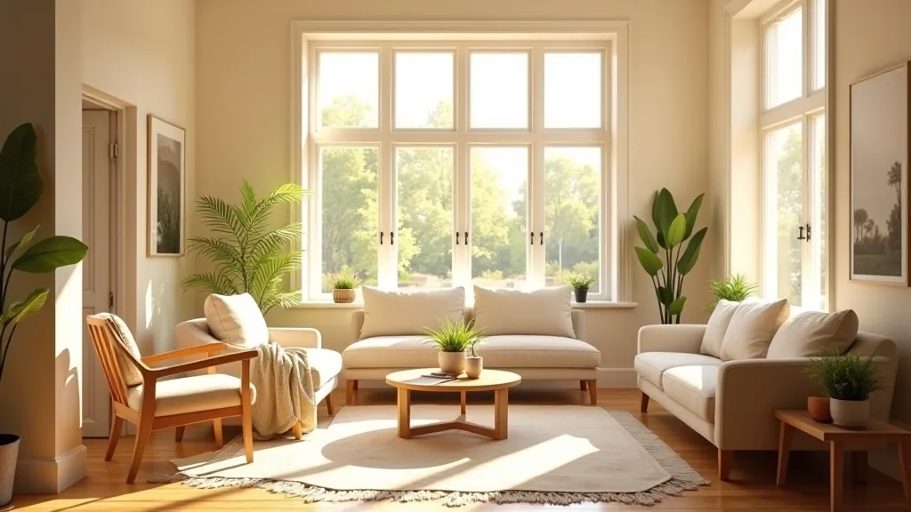 Living room showing natural daylight from multiple windows creating different light zones throughout the day