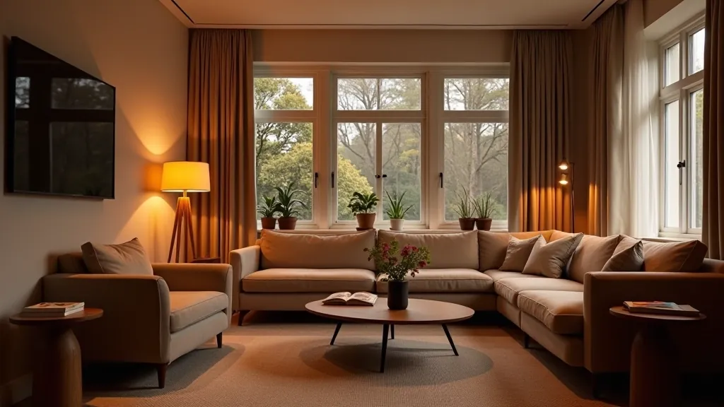 Beautifully lit modern British living room with warm layered lighting, comfortable seating, and cozy atmosphere
